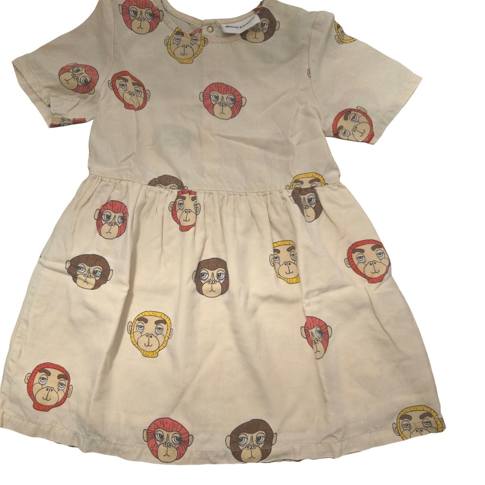 Mini Rodini Kids Monkey Print Lyocell Dress Beige Short Sleeve Size 92/98 2-3Y